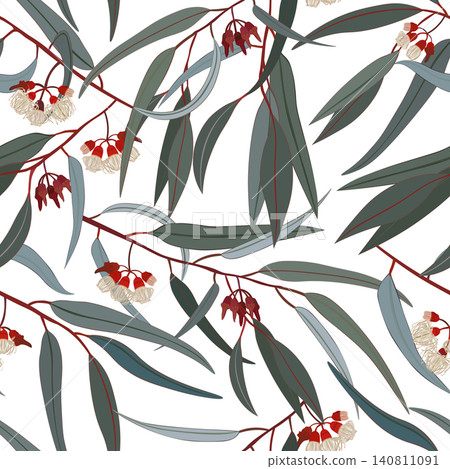 Eucalyptus branches in bloom, white background. Seamless floral pattern-244. Eucalyptus branches in bloom, white background. Seamless floral pattern-244. 140811091