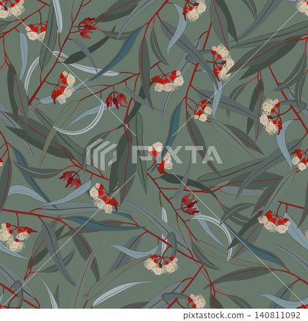 Eucalyptus branches in bloom, green background. Seamless floral pattern-245. Eucalyptus branches in bloom, green background. Seamless floral pattern-245. 140811092