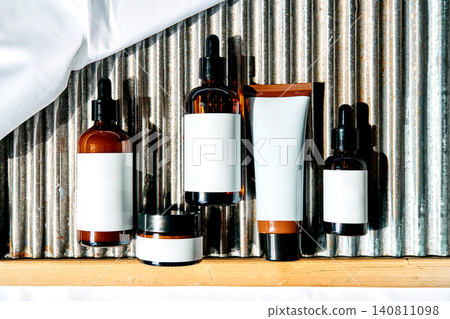 Skincare cosmetic products bottle and tube mockup Skincare cosmetic products bottle and tube mockup 140811098