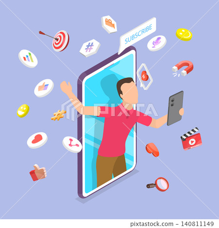 3D Isometric Flat Vector Illustration of Social Media Influencer, Creating Content On Social Media Platforms And Blogging For Engagement And Influence. 140811149