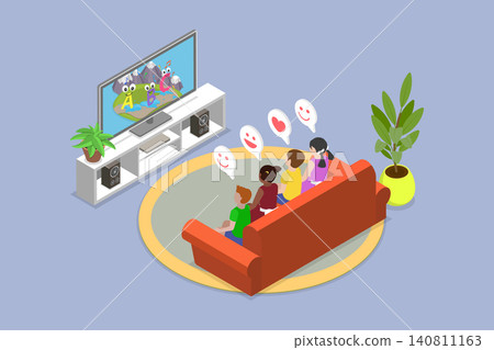 3D Isometric Flat Vector Illustration of Children Television, Child Enjoys Watching Television And Feels Joyful. 3D Isometric Flat Vector Illustration of Children Television, Child Enjoys Watching Television And Feels Joyful. 140811163