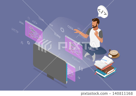3D Isometric Flat Vector Illustration of Coder, Web Developer Crafting Websites Using Monitors And Gadgets With Coding Expertise 140811168