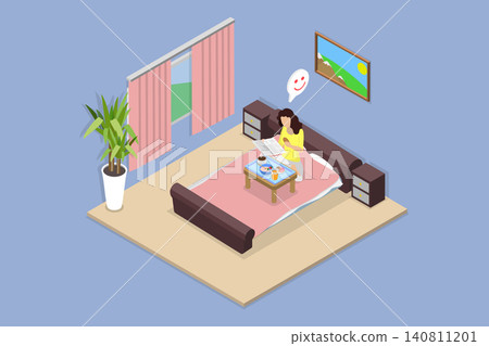 3D Isometric Flat Vector Illustration of Leisurely Breakfast , Young Woman Enjoying A Peaceful Breakfast In Bed, Sipping Coffee And Reading The Newspaper. 3D Isometric Flat Vector Illustration of Leisurely Breakfast , Young Woman Enjoying A Peaceful Breakfast In Bed, Sipping Coffee And Reading The Newspaper. 140811201