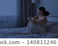 Black woman is sitting on bed at night and looking toward window 140811246