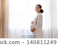 Happy pregnant black woman standing by bright bedroom window and holding belly 140811249
