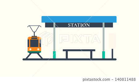 Minimalist tram arrival at a public transport train station platform vector Minimalist tram arrival at a public transport train station platform vector 140811488