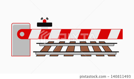 Railroad crossing barrier gate with red warning light crossing railroad Railroad crossing barrier gate with red warning light crossing railroad 140811493