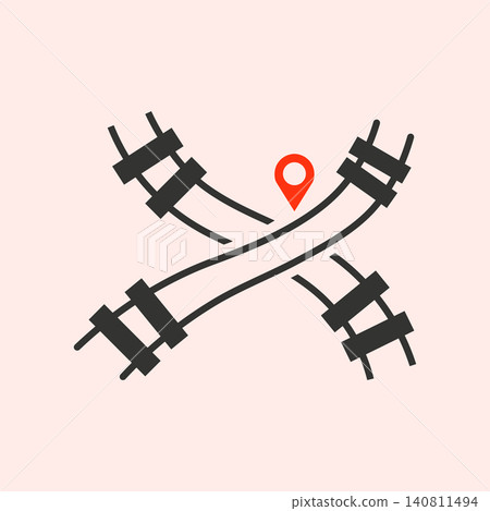 Railroad track intersection icon with location pin marker, intersection Railroad track intersection icon with location pin marker, intersection 140811494