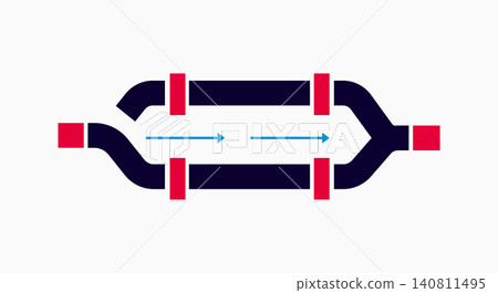 Industrial pipeline section with directional flow arrows and valves, pipeline Industrial pipeline section with directional flow arrows and valves, pipeline 140811495