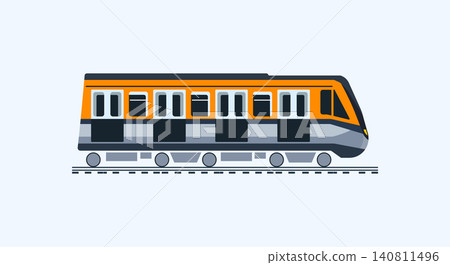 Orange and gray commuter subway train on tracks side view flat icon Orange and gray commuter subway train on tracks side view flat icon 140811496