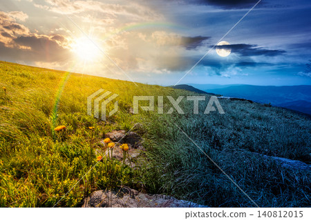 carpathian mountain landscape on summer solstice. day meet night. nice view of a grassy alpine meadow. sun and moon harmony over rock and herbs on the hill. astrology mountain wallpaper with epic sky 140812015