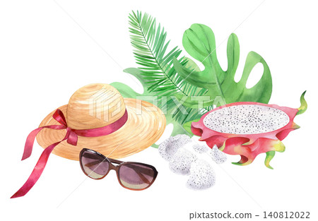 Composition of the straw hat, sunglasses, pitaya, glass, pulp, palm and monstera leaves. Watercolor illustration for design, cards, prints 140812022