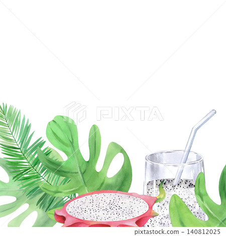 Border of the pitaya, glass with smoothie, palm and monstera leaves. Watercolor illustration for design, cards, prints Border of the pitaya, glass with smoothie, palm and monstera leaves. Watercolor illustration for design, cards, prints 140812025