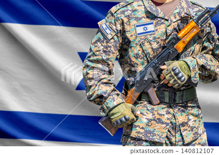 Israel flag with soldier holding assault rifle Israel flag with soldier holding assault rifle 140812107