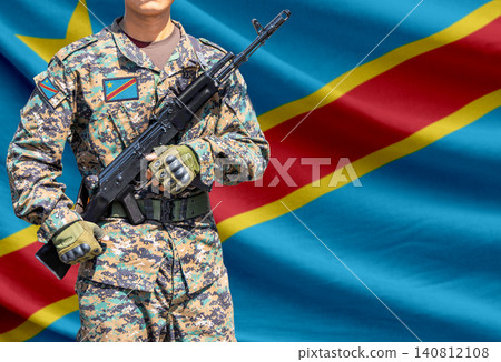 Democratic Republic of the Congo flag with soldier holding assault rifle Democratic Republic of the Congo flag with soldier holding assault rifle 140812108
