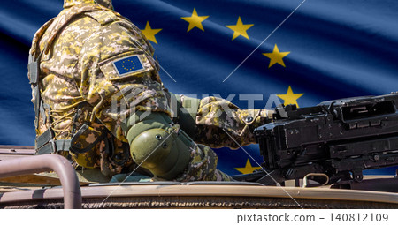European union flag with soldier at machinegun turret European union flag with soldier at machinegun turret 140812109