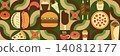 Geometric Fast Food Seamless Pattern Background. illustration of burger, taco, donut, ice cream, pizza, hot dog, French fries icons. 140812177