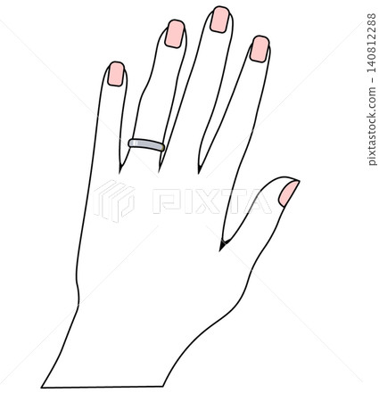 一隻手戴著一枚銀色結婚戒指的插圖。 一隻手戴著一枚銀色結婚戒指的插圖。 140812288