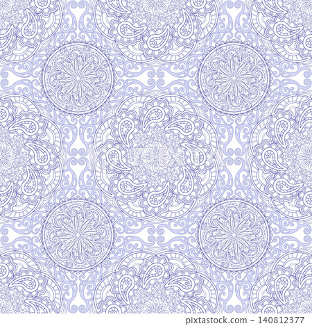 Blue, line art, boho style ornamental pattern, mandala patterns on white. Seamless floral pattern-254. 140812377
