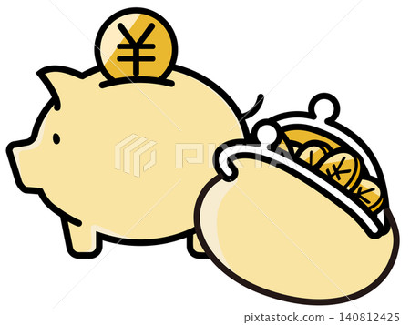 可愛的豬形存錢筒和日圓符號 140812425