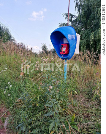 blue payphone machine is installed on pole among high grass on street 140812691