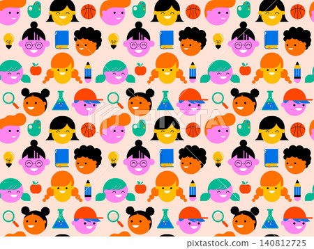Seamless back to school pattern with smiling students and education icons. Colorful classroom vector Seamless back to school pattern with smiling students and education icons. Colorful classroom vector 140812725