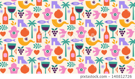 Colorful Rosh Hashanah seamless pattern with Hamsa, pomegranate, wine bottle, fish, shofar and other Colorful Rosh Hashanah seamless pattern with Hamsa, pomegranate, wine bottle, fish, shofar and other 140812726