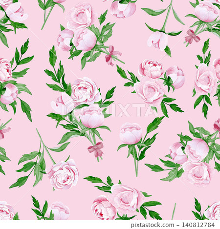 Watercolour flowers, peonies on pink background. Seamless floral pattern-258. Watercolour flowers, peonies on pink background. Seamless floral pattern-258. 140812784