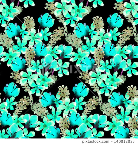 Blue watercolor wildflowers on black. Seamless floral pattern-271. Blue watercolor wildflowers on black. Seamless floral pattern-271. 140812853