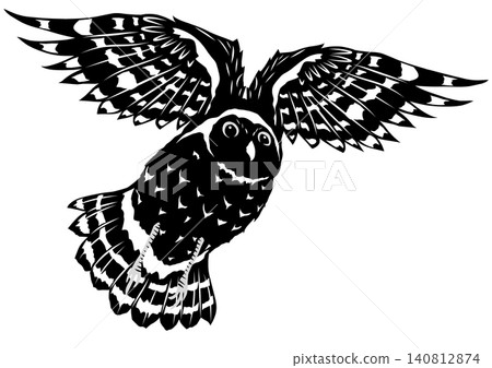 A silhouette illustration of a flying Oriental Scops Owl in a paper-cut style, black background, transparent vector. A silhouette illustration of a flying Oriental Scops Owl in a paper-cut style, black background, transparent vector. 140812874