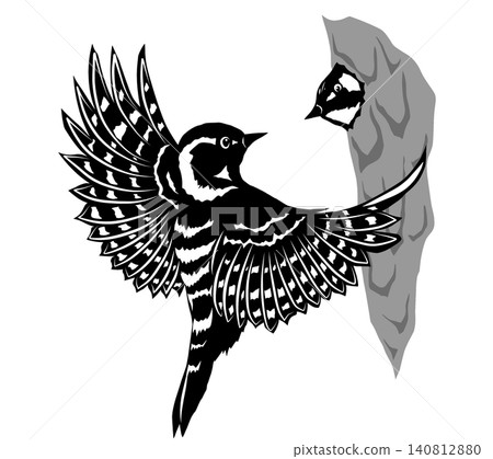A paper-cut style illustration of a woodpecker feeding its chicks; a modern Japanese silhouette design in black. A paper-cut style illustration of a woodpecker feeding its chicks; a modern Japanese silhouette design in black. 140812880