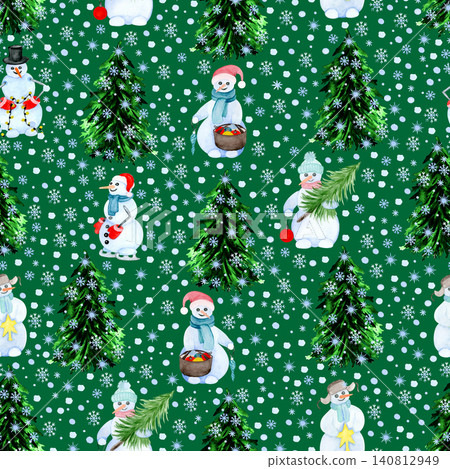 Watercolor snowman, snowflakes, Christmas tree, green background. Seamless floral pattern-279. Watercolor snowman, snowflakes, Christmas tree, green background. Seamless floral pattern-279. 140812949
