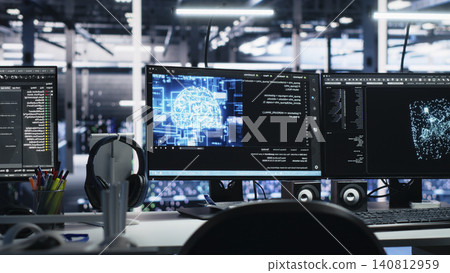 Technology specialist uses screen AI software in a server room to automate workflows and support predictive maintenance. 140812959
