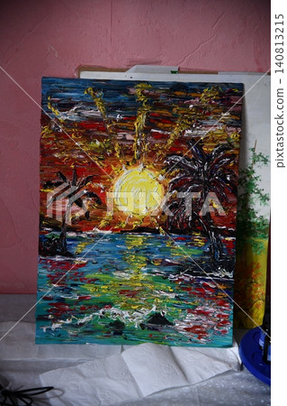Artist Works on Abstract Oil Painting, Moving Paint Brush Energetically She Creates Modern Masterpiece. Dark Creative Studio where Large Canvas Stands on Easel Illuminated. Low Angle Artist Works on Abstract Oil Painting, Moving Paint Brush Energetically She Creates Modern Masterpiece. Dark Creative Studio where Large Canvas Stands on Easel Illuminated. Low Angle 140813215