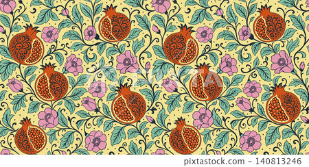 Vector seamless vibrant floral pattern with pomegranates, leaves and flowers 140813246