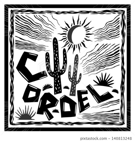 Brazilian cordel style. Desert landscape elements. Mandacaru cacti, succulents, sun and wind. Woodcut style 140813248