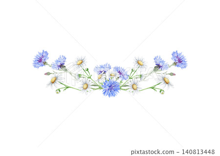 Delicate watercolor floral border with blue cornflowers and white chamomile daisies arranged in a symmetrical horizontal composition. Elegant botanical illustration isolated on white. Delicate watercolor floral border with blue cornflowers and white chamomile daisies arranged in a symmetrical horizontal composition. Elegant botanical illustration isolated on white. 140813448