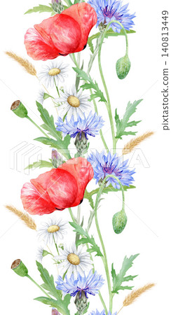Watercolor seamless floral border with red poppies, blue cornflowers, chamomile and wheat ears. Hand drawn botanical design on white background for wedding stationery and textile decoration. Watercolor seamless floral border with red poppies, blue cornflowers, chamomile and wheat ears. Hand drawn botanical design on white background for wedding stationery and textile decoration. 140813449