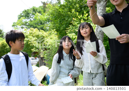 一群小學生在春天綠意盎然的戶外學習活動中認真聆聽老師的解說。 一群小學生在春天綠意盎然的戶外學習活動中認真聆聽老師的解說。 140813501