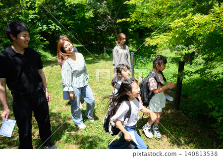Families and groups enjoying hiking and nature observation in the lush green forest while looking at maps. Families and groups enjoying hiking and nature observation in the lush green forest while looking at maps. 140813538