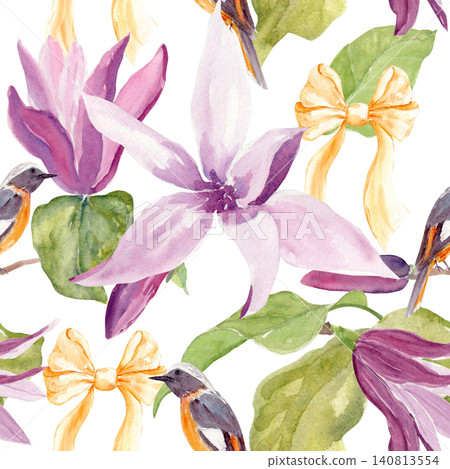 Watercolor seamless pattern of purple magnolia flowers, songbirds and golden ribbon bows on white background. Hand painted botanical repeat for fabric, wallpaper, textile, wrapping paper and decor Watercolor seamless pattern of purple magnolia flowers, songbirds and golden ribbon bows on white background. Hand painted botanical repeat for fabric, wallpaper, textile, wrapping paper and decor 140813554
