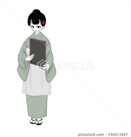 一位穿著和服的女士正在介紹菜單；日式咖啡館的圖片。 140813887
