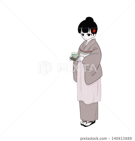 身穿和服的女子端上冷茶-夏日好客的景象。 身穿和服的女子端上冷茶-夏日好客的景象。 140813889