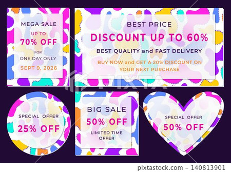 Discount banner set with liquid blobs and glassmorphism effect. Bright coupons to increase sales on your website, marketing memphis style posters in different shapes, vector color graphic Discount banner set with liquid blobs and glassmorphism effect. Bright coupons to increase sales on your website, marketing memphis style posters in different shapes, vector color graphic 140813901