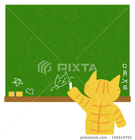 An illustration of a tabby cat drawing on a blackboard. An illustration of a tabby cat drawing on a blackboard. 140814793