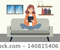 Happy Young Woman Sitting and Using Tablet Illustration 140815406