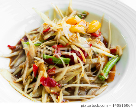 Papaya salad with fermented fish, spicy food asian thailand, fusion cuisine som tum traditional  herb cook. 140816064
