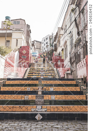 Escadaria Selaron red famous stairs staircase Rio de Janeiro Brazil. 140816452