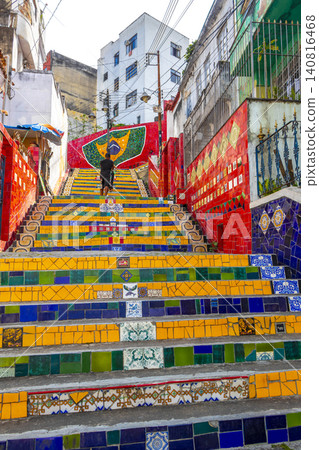Escadaria Selaron red famous stairs staircase Rio de Janeiro Brazil. Escadaria Selaron red famous stairs staircase Rio de Janeiro Brazil. 140816468