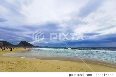 Tropical Copacabana Leme Beach Parasols People Rio de Janeiro Brazil. Tropical Copacabana Leme Beach Parasols People Rio de Janeiro Brazil. 140816772